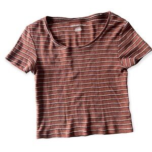 American Eagle Women’s Rust Brown Striped Short Sleeve Cropped Top, Size XS